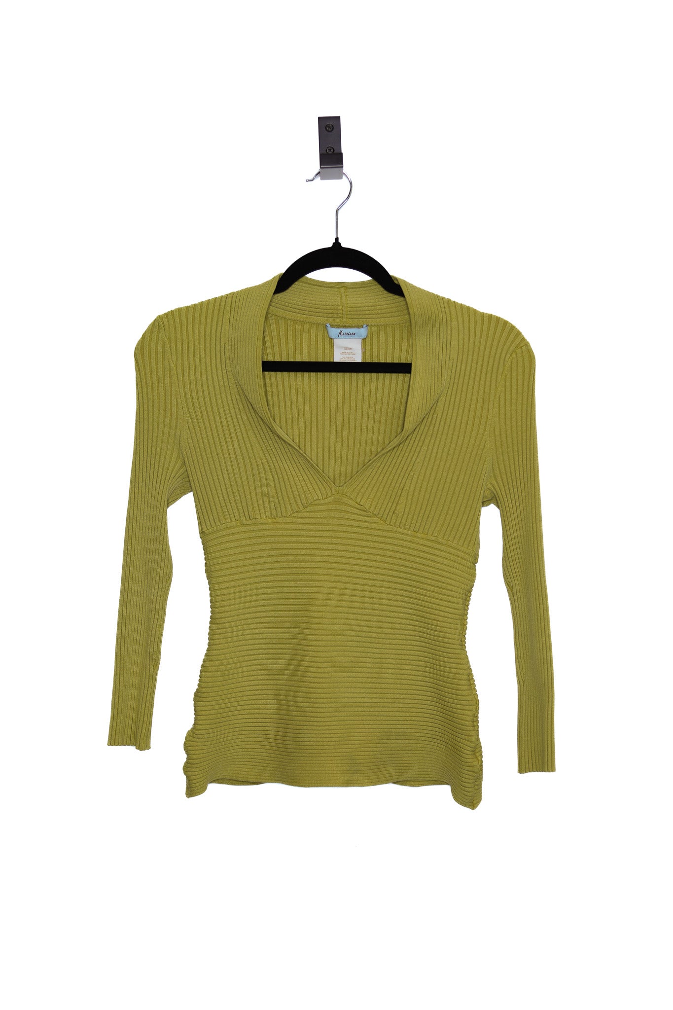 Mustard Yellow Ribbed Silk V-Neck Long Sleeve